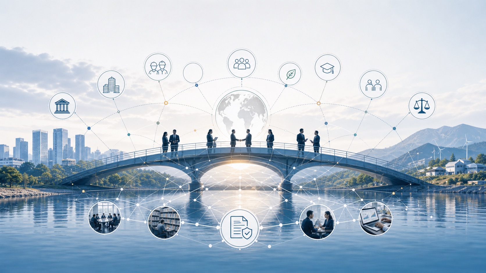 Stakeholder bridge and trust-building ecosystem visual