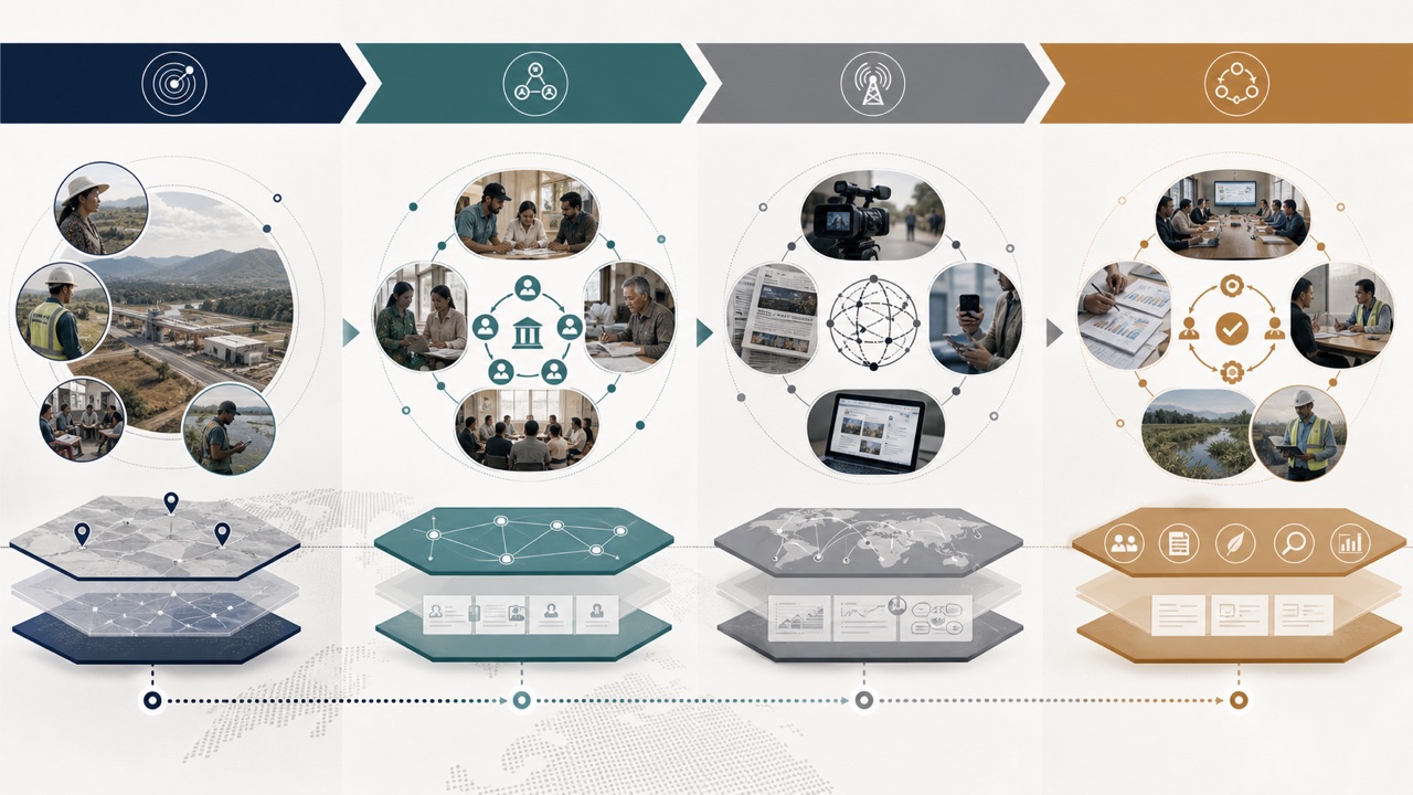 Four-stage pathway from local impact signals through organizational interpretation and information networks to project governance and verified response